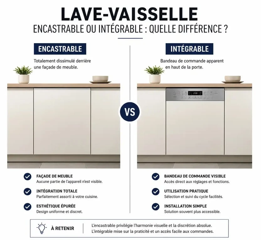 Infographie comparative illustrant la différence entre électroménager encastrable et intégrable pour cuisine