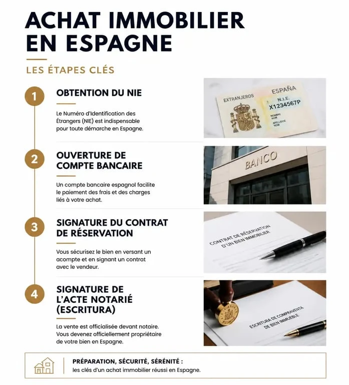 Infographie des étapes pour investir en immobilier en Espagne : du NIE à l'acte notarié