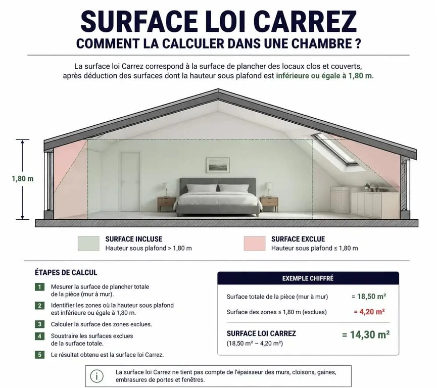 Schéma explicatif du calcul de la surface loi Carrez pour une chambre avec hauteur sous plafond