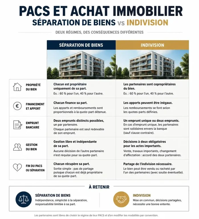 Infographie comparative des régimes patrimoniaux PACS et achat immobilier : séparation de biens vs indivision.