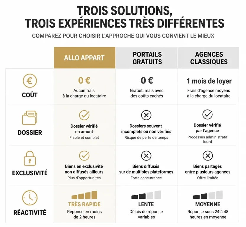Comparatif des méthodes de recherche de logement : Allo Appart face aux portails gratuits et agences immobilières