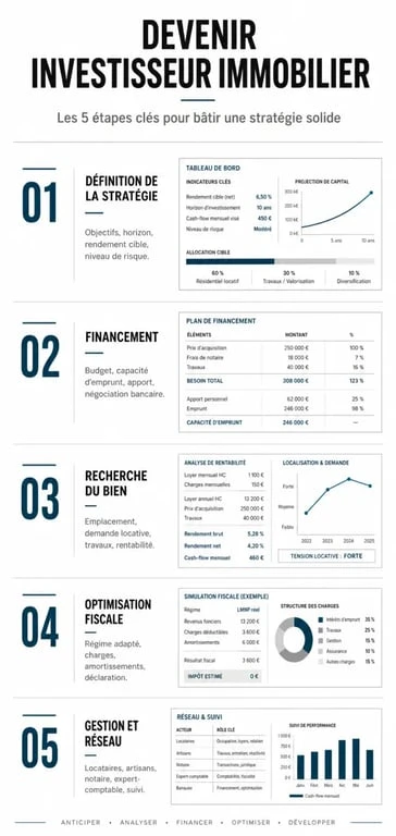 Infographie des étapes pour devenir investisseur immobilier