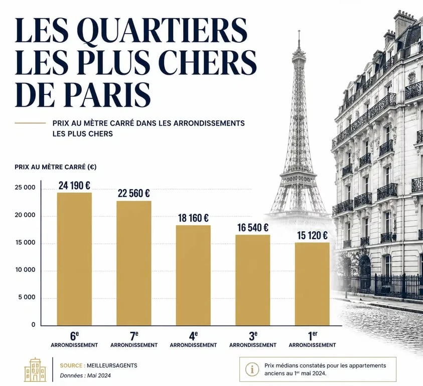 Graphique comparatif des prix immobiliers au mètre carré par arrondissement à Paris pour identifier le quartier le plus cher de Paris.
