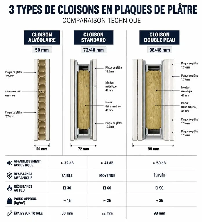 Comparatif des épaisseurs de cloisons en Placo : 50mm, 72/48mm et 98/48mm pour vos travaux d'aménagement.