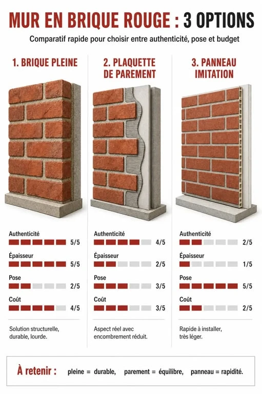 Comparatif des solutions pour un mur en brique rouge : brique pleine, plaquette de parement et panneau imitation