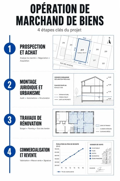Infographie des étapes clés d'une opération de marchand de biens
