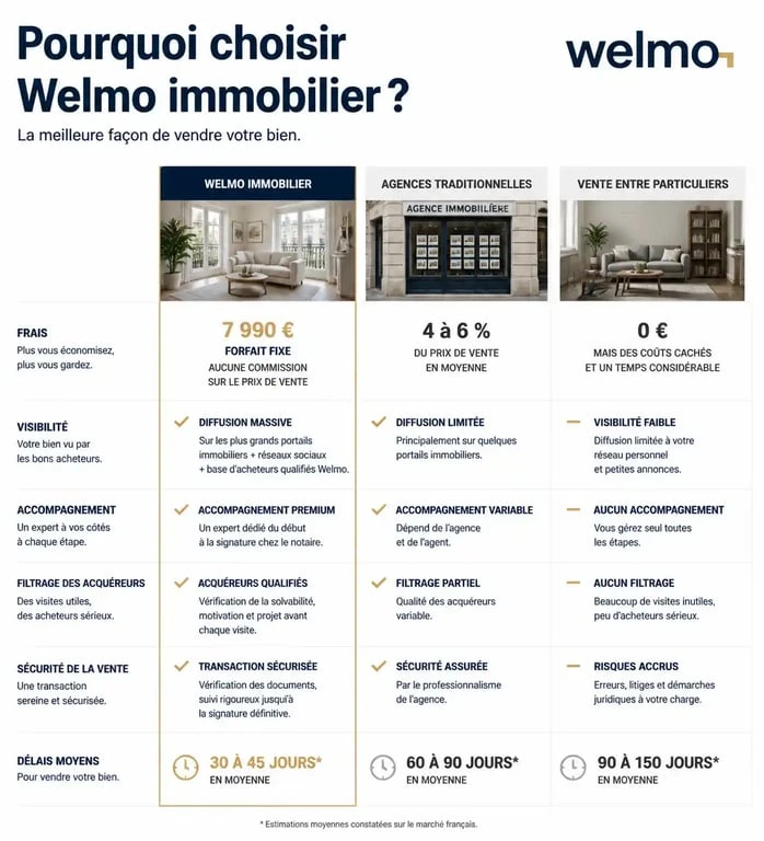 Infographie comparative des services de Welmo immobilier face aux agences traditionnelles et vente entre particuliers