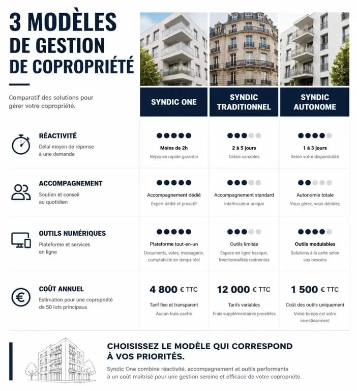 Tableau comparatif des services de gestion de copropriété : Syndic One face aux syndics traditionnels et autonomes