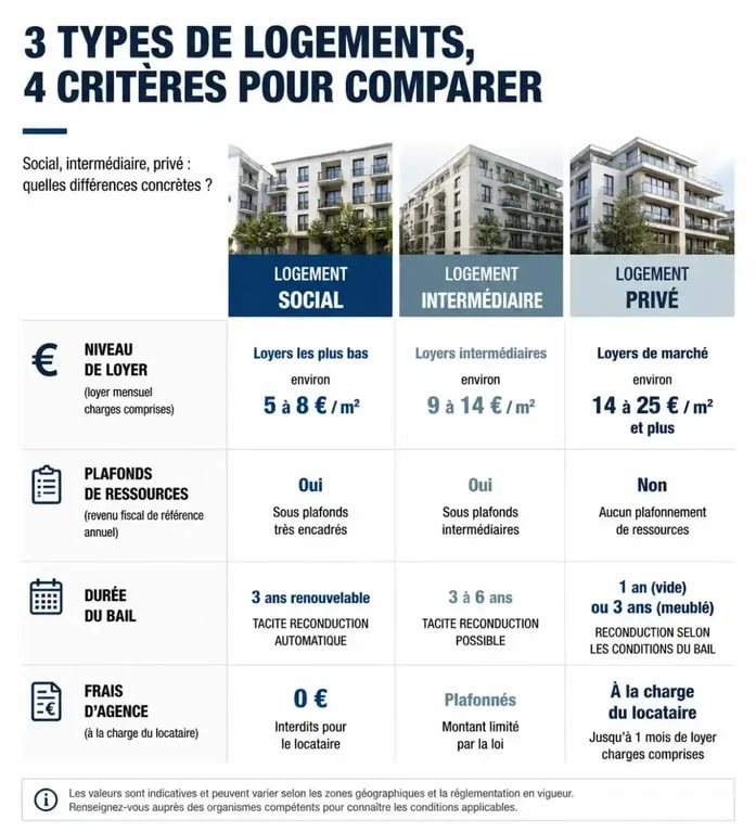 Comparatif des types de logements : social, intermédiaire et privé pour comprendre le logement locatif intermédiaire.