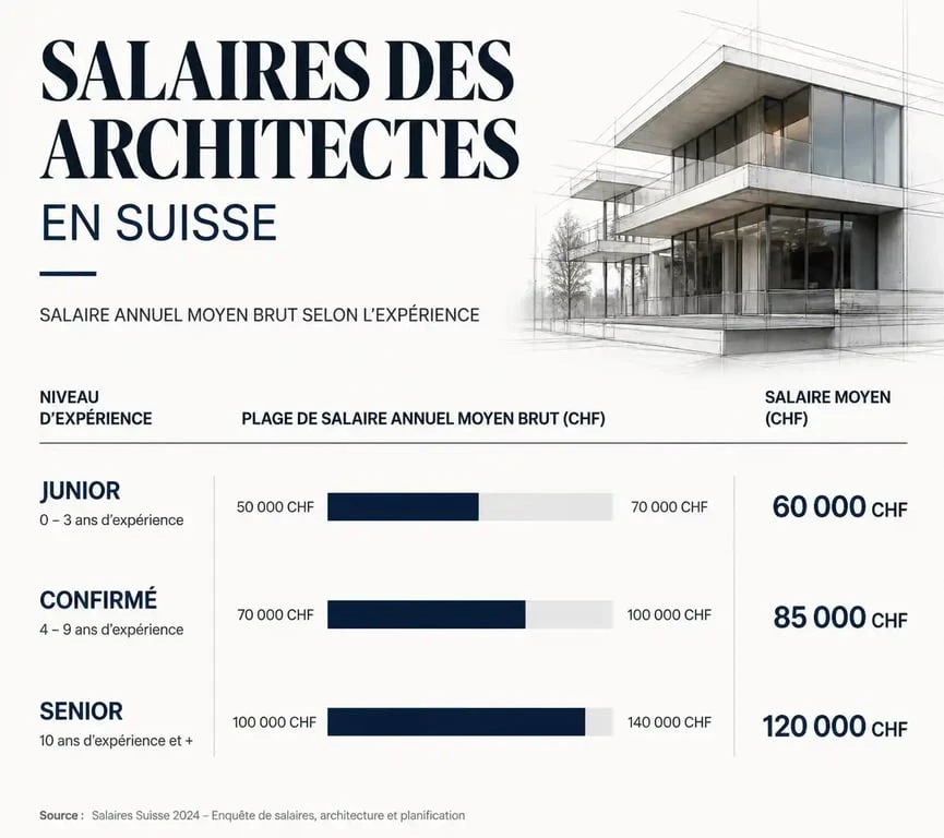 Graphique illustrant les fourchettes de salaire annuel d'un architecte en Suisse selon l'expérience professionnelle.