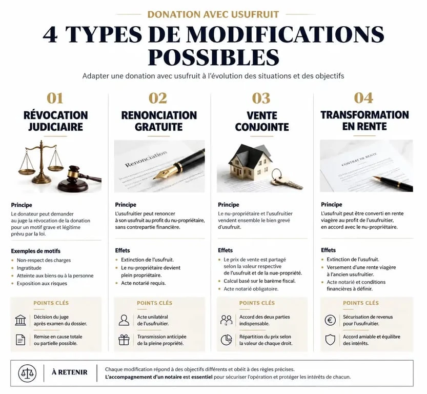 Infographie des conséquences fiscales et juridiques d'une modification de donation avec usufruit