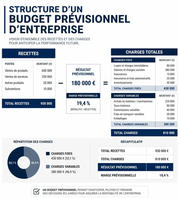Infographie illustrant la structure d'un exemple de budget prévisionnel d'entreprise