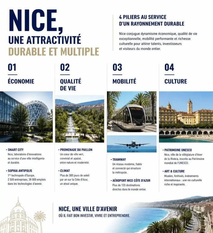 Infographie résumant les atouts de Nice : économie, qualité de vie et attractivité
