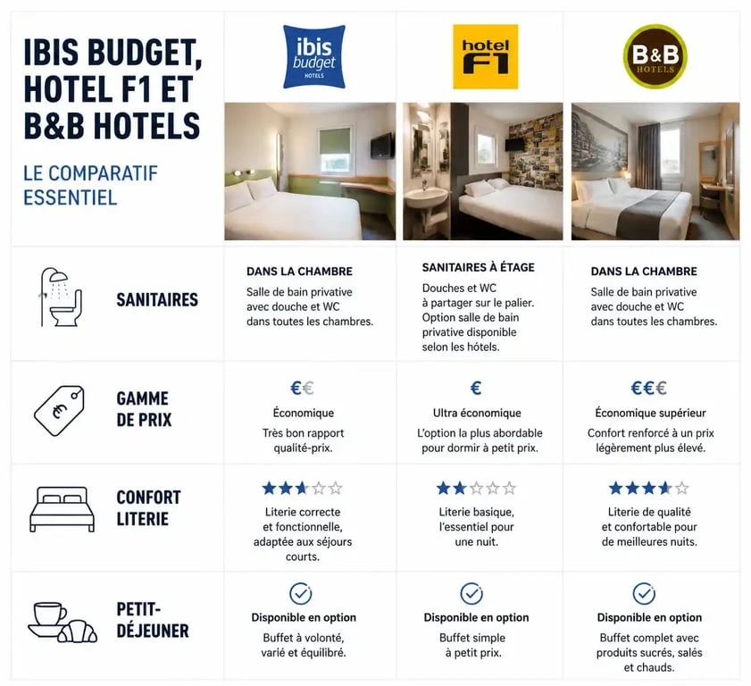 Comparatif des hôtels économiques Ibis Budget, Hotel F1 et B&B Hotels pour choisir son hébergement