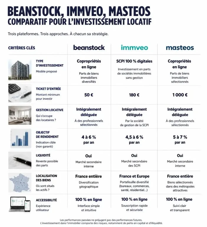 Tableau comparatif des plateformes d'investissement locatif : Beanstock avis et concurrents