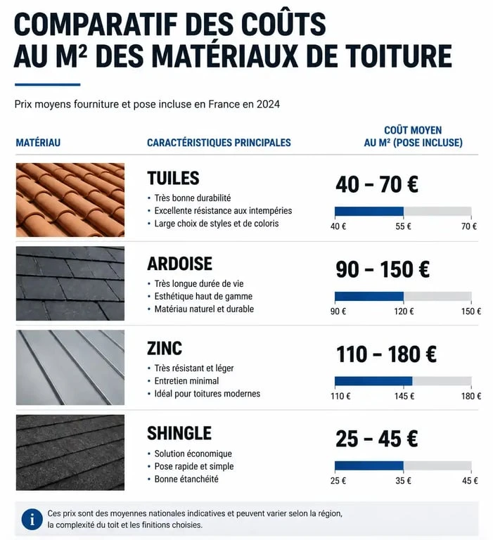 Comparatif des prix au m² pour la rénovation d'une toiture de 100m2 selon le matériau