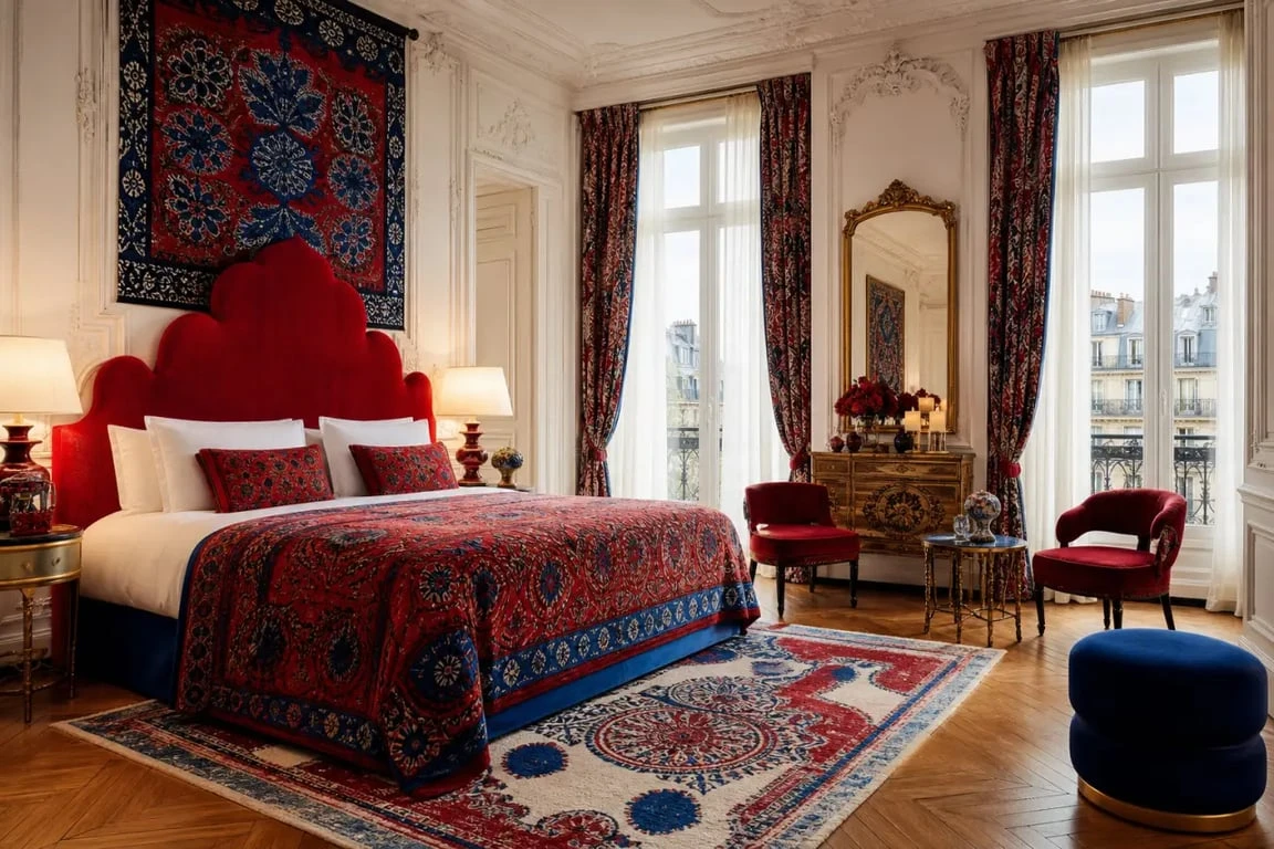 Chambre design à l'Hôtel du Continent Paris décorée par Christian Lacroix