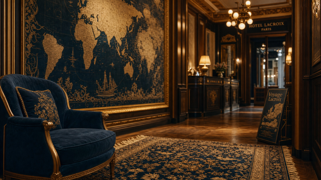 hotel du continent à Paris, couloir Christian Lacroix, tapis et fauteuil velours