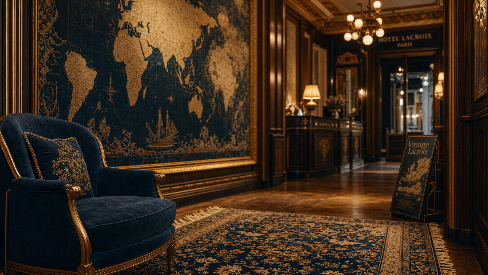 hotel du continent à Paris, couloir Christian Lacroix, tapis et fauteuil velours