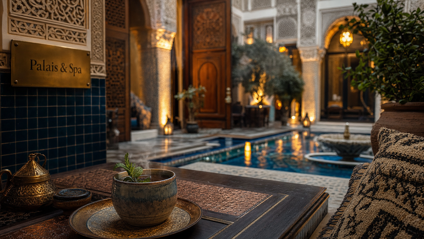 Hôtels de luxe à Marrakech : patio mauresque Palais & Spa, zellige bleu