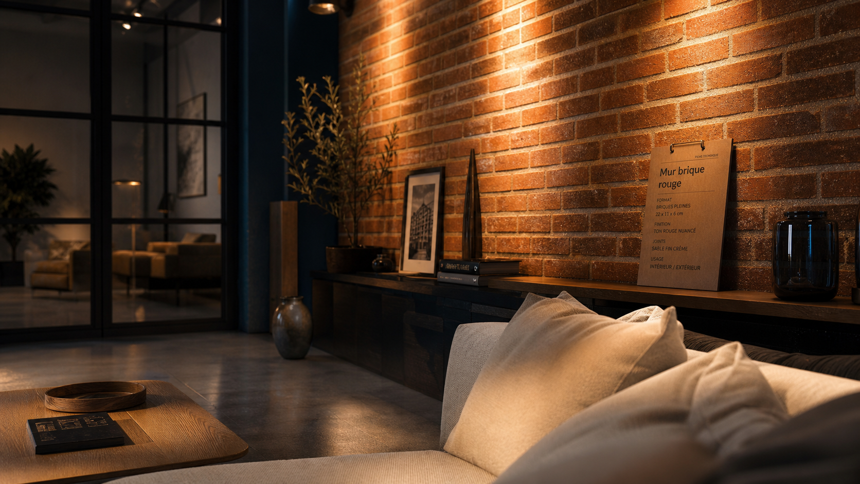 Mur en brique rouge dans un salon loft, joints crème alignés