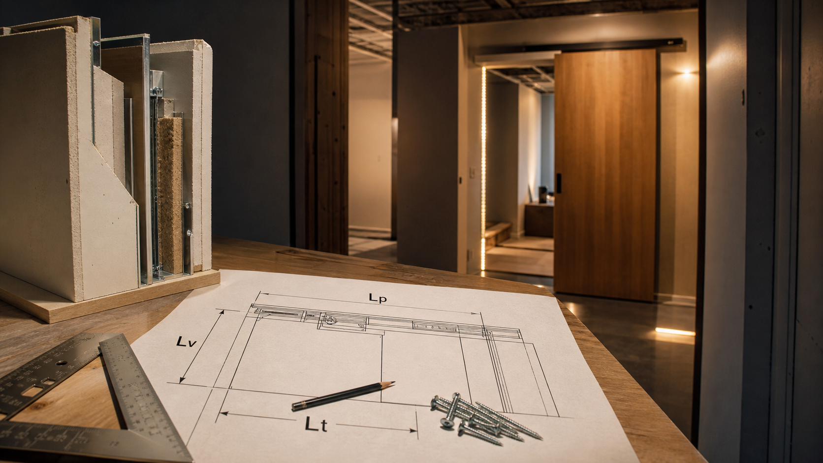 Plan porte coulissante : rail au plafond sur chantier intérieur