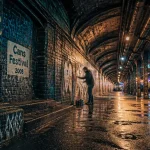 Visite insolite Londres : tunnel des Leake Street Arches sous Waterloo, briques et graffiti.