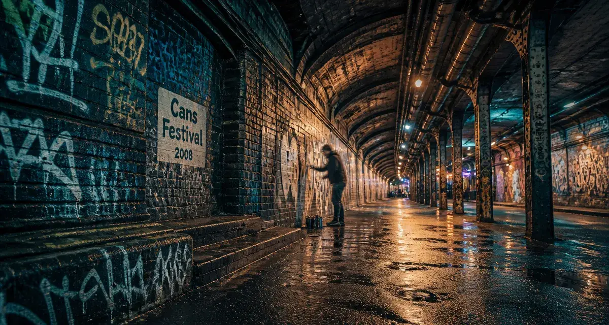 Visite insolite Londres : tunnel des Leake Street Arches sous Waterloo, briques et graffiti.