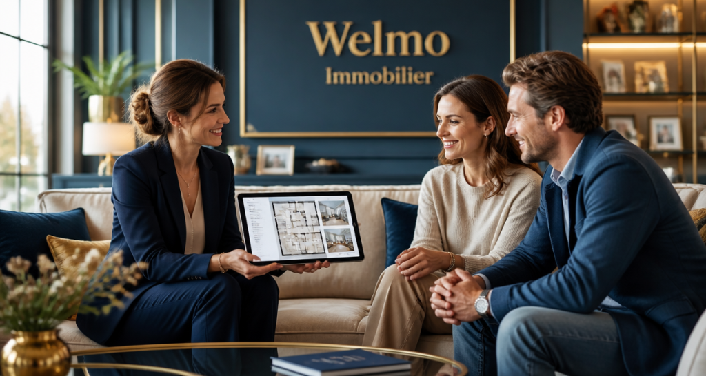welmo immobilier conseillère avec clients dans salon élégant