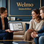 welmo immobilier conseillère avec clients dans salon élégant