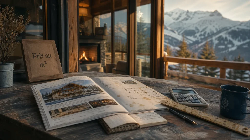 Achat chalet montagne : prix au m² sur balcon de chalet, station et vue montagnes