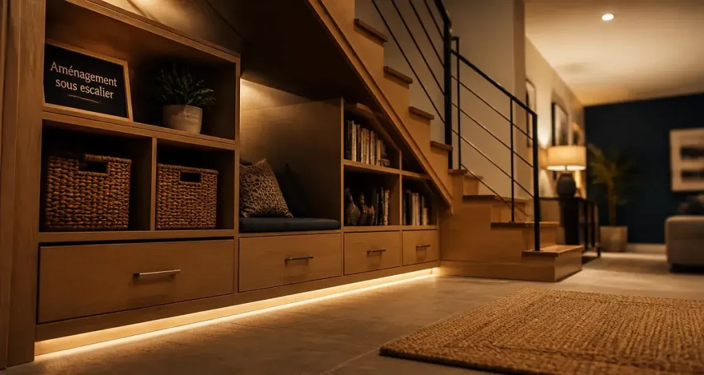 Aménagement sous escalier ouvert : rangements et banquette dans l’espace sous escalier
