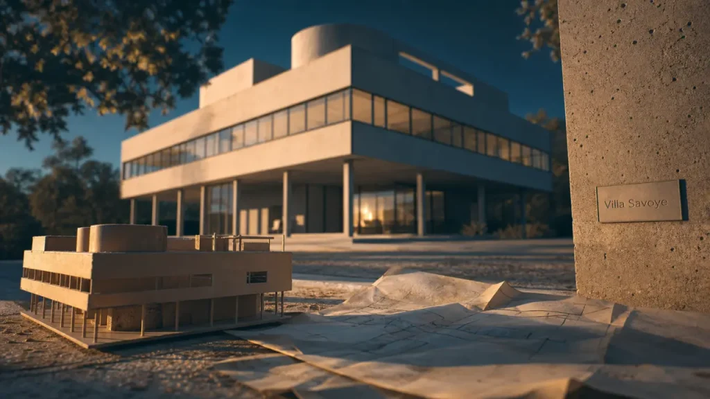 Architecte moderne : villa moderniste béton sur pilotis, rideau de verre