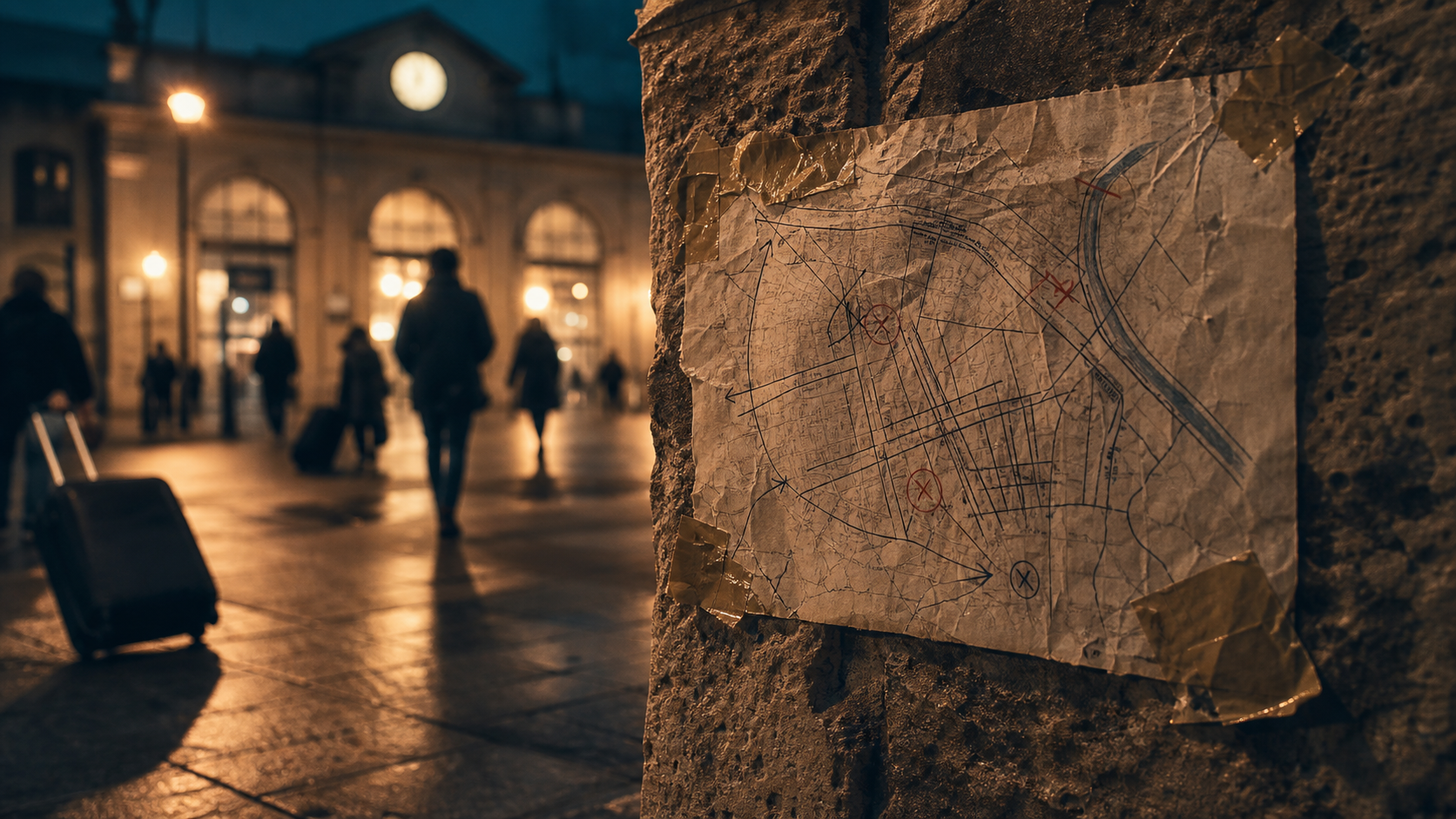 Arrondissement marseille a eviter : affiche et plan de quartier devant une gare, fin de soirée