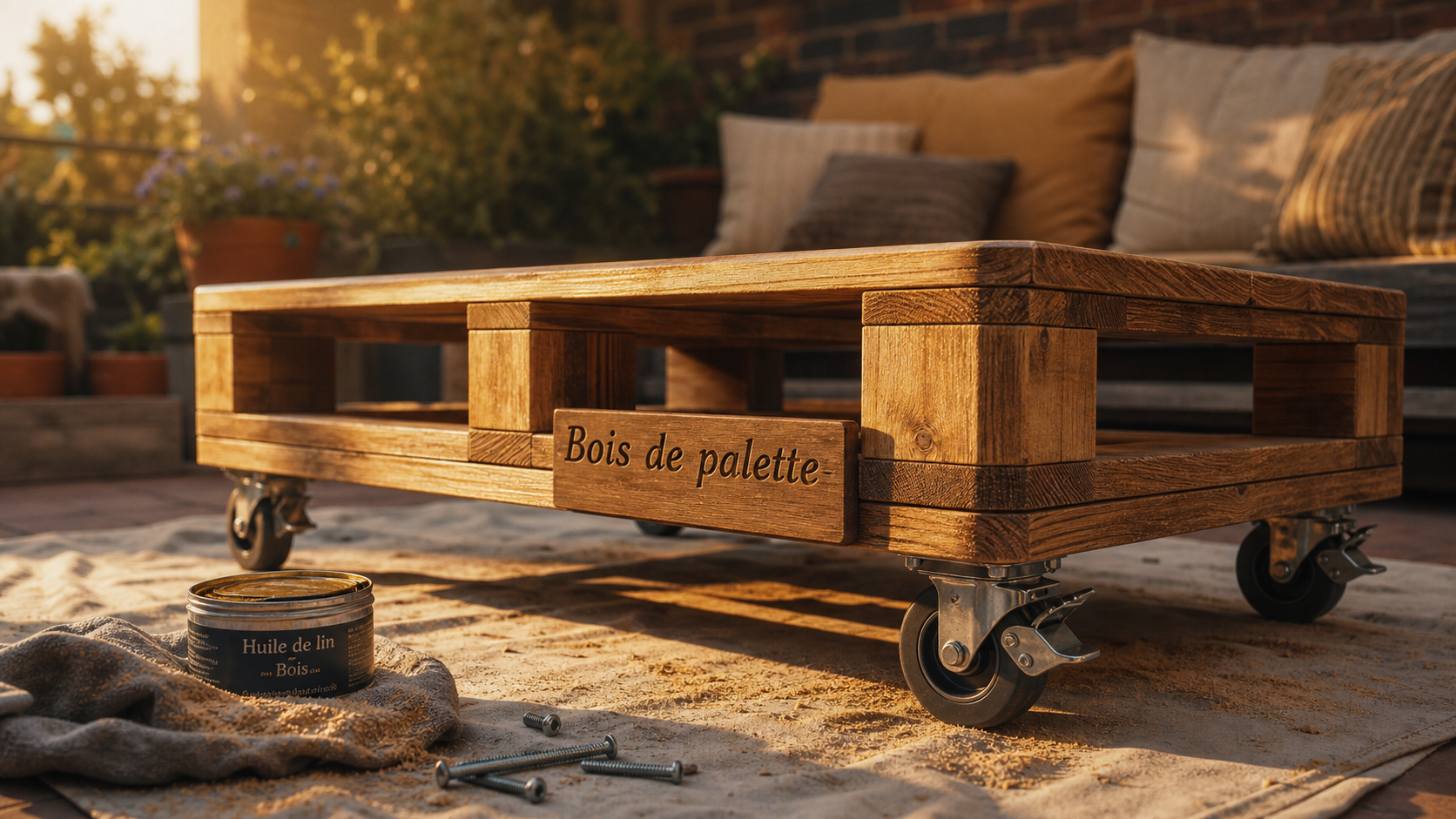 Table basse en bois de palette meuble poncée et huilée sur roulettes
