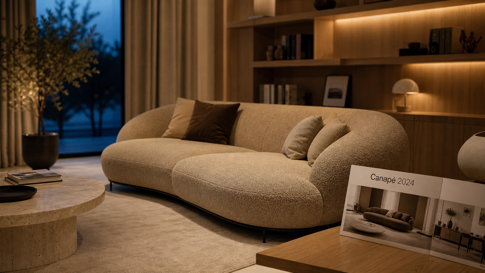 Canape tendance 2024 : canapé bouclé beige arrondi, salon moderne