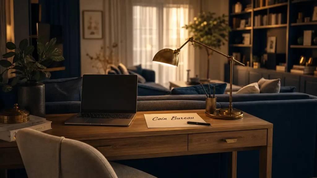 Coin bureau salon : bureau console derrière le canapé, ordinateur portable