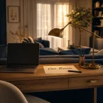 Coin bureau salon : bureau console derrière le canapé, ordinateur portable