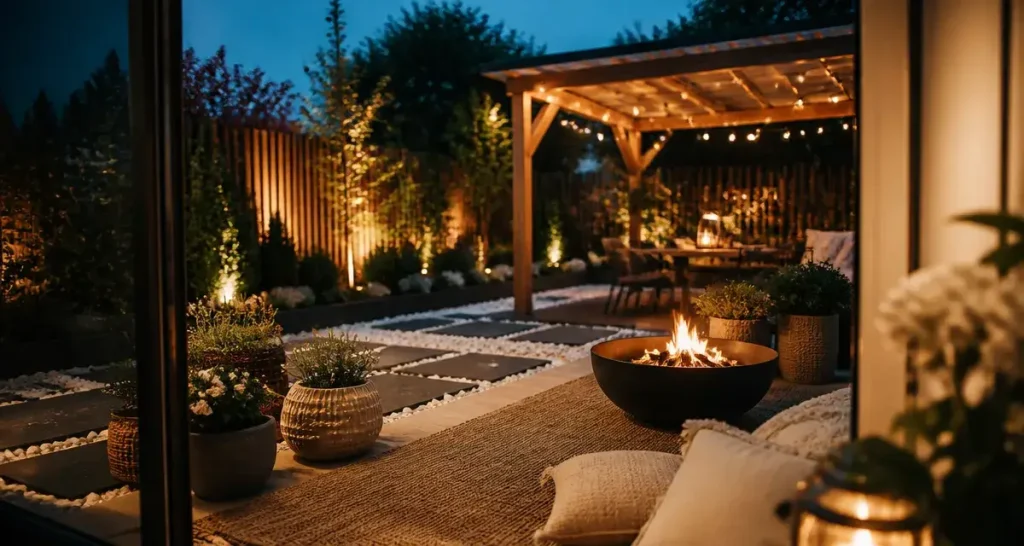 Déco jardin extérieur : terrasse au crépuscule avec luminaires et bordures ardoise