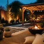 Déco jardin extérieur : terrasse au crépuscule avec luminaires et bordures ardoise