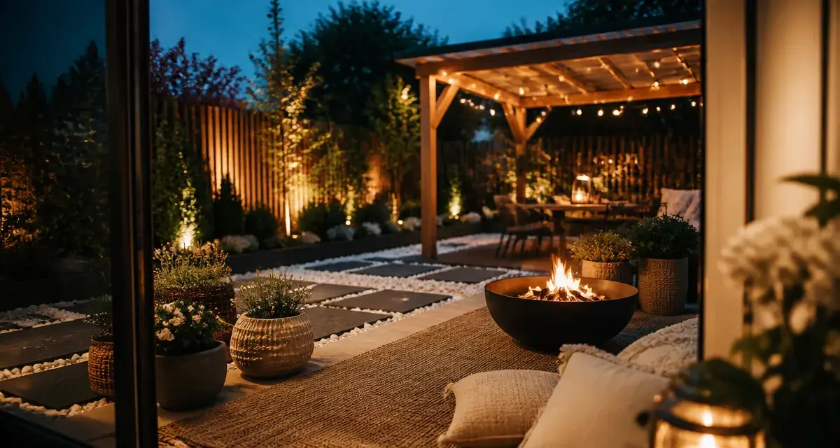 Déco jardin extérieur : terrasse au crépuscule avec luminaires et bordures ardoise