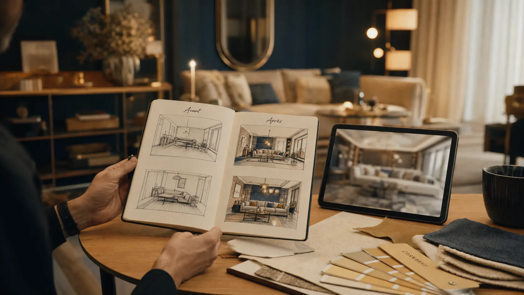 Décorateur d'intérieur ouvrant un carnet avant/après avec rendu 3D
