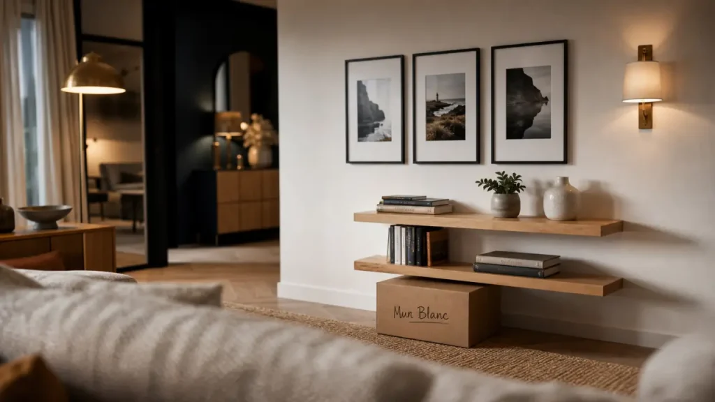 Décorer mur blanc : cadres noirs, étagères bois, salon lumineux
