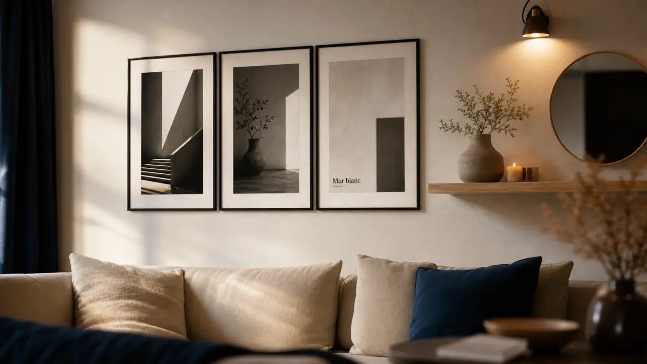 Décorer un mur blanc : cadres noirs et blancs et lumière dans un salon