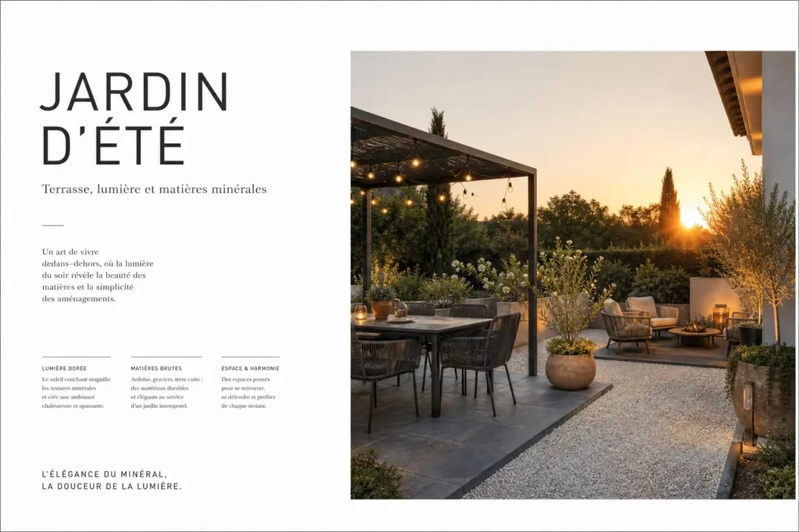 Déco jardin extérieur chaleureuse avec tonnelle, guirlandes lumineuses, pots de fleurs et graviers blancs sur terrasse
