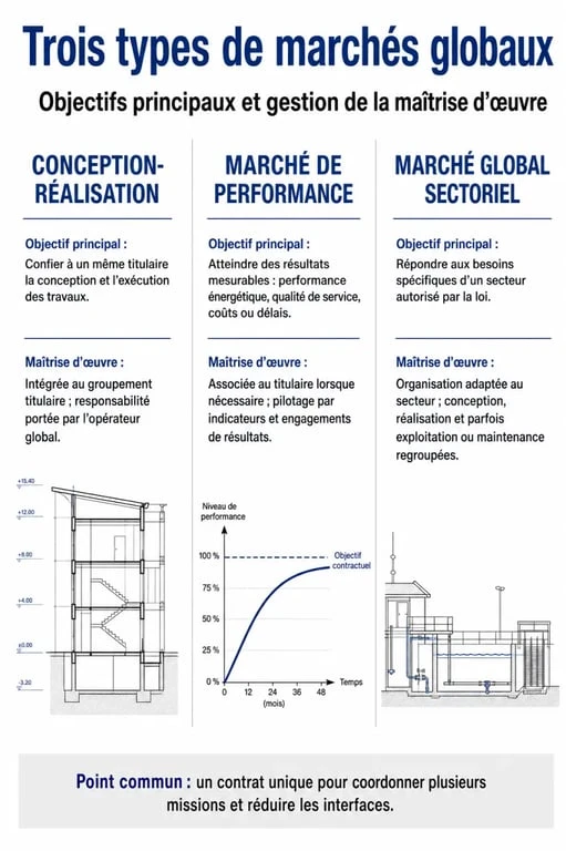 Infographie comparative des marchés publics globaux : conception-réalisation, performance et sectoriel