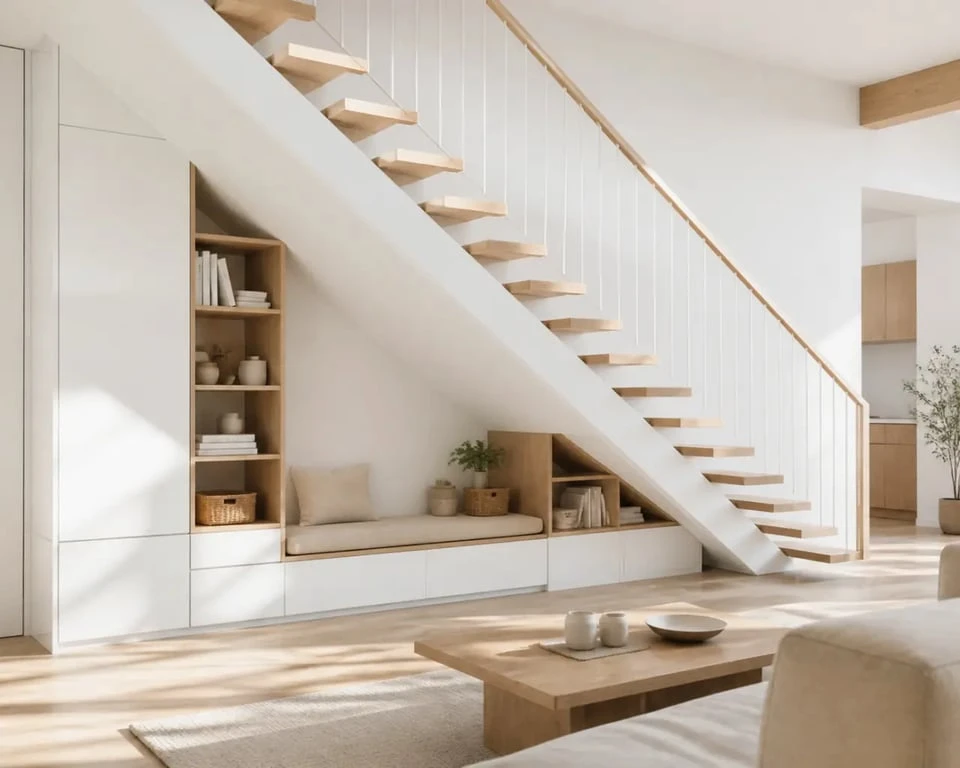 Aménagement sous escalier ouvert dans un salon contemporain avec rangements intégrés et coin lecture