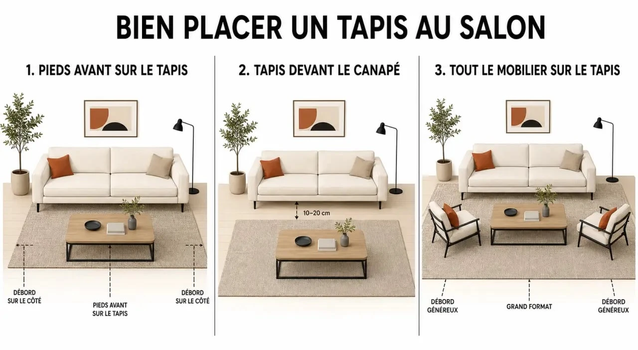 Tapis dans salon : trois positions possibles autour du canapé et de la table basse