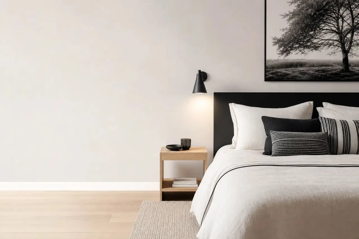 Chambre noir et blanc élégante avec lit, linge clair et déco murale graphique