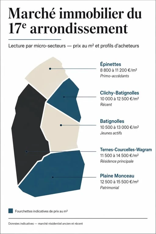Chasseur immobilier paris 17 : carte éditoriale des quartiers et des prix au m²